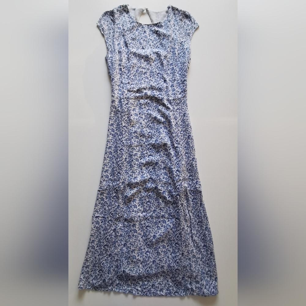 Danity Floral Pattern Blue White Cut Out Short Sleeve Midi Dress Banana Republic